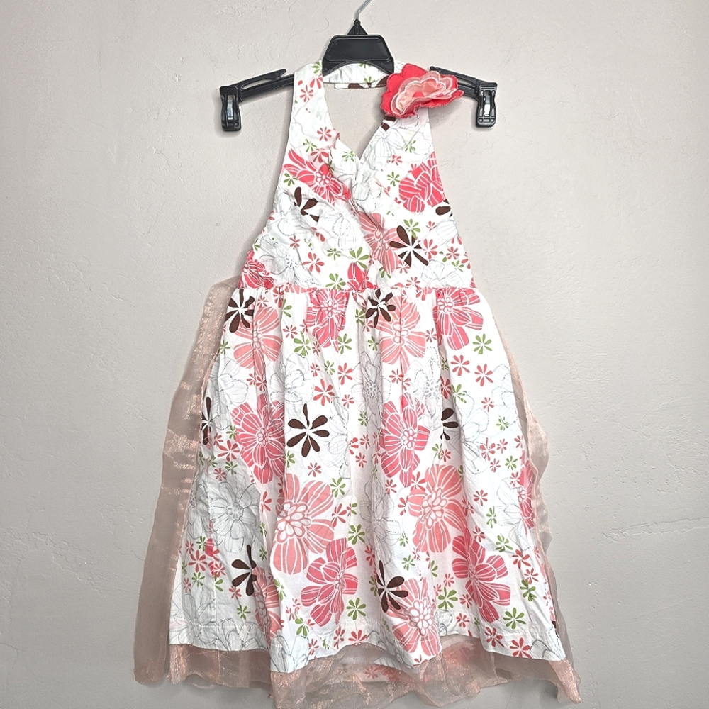 49) LYDIA JANE Floral Halter Kids Dress - Pink and White Sz. 6X